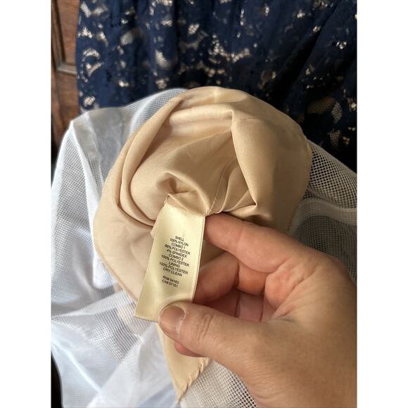 NWT Eliza J Navy Blue Floral Lace Nude Lined Off Shoulder Dress Sz 10 Fit Flare - Picture 9 of 10